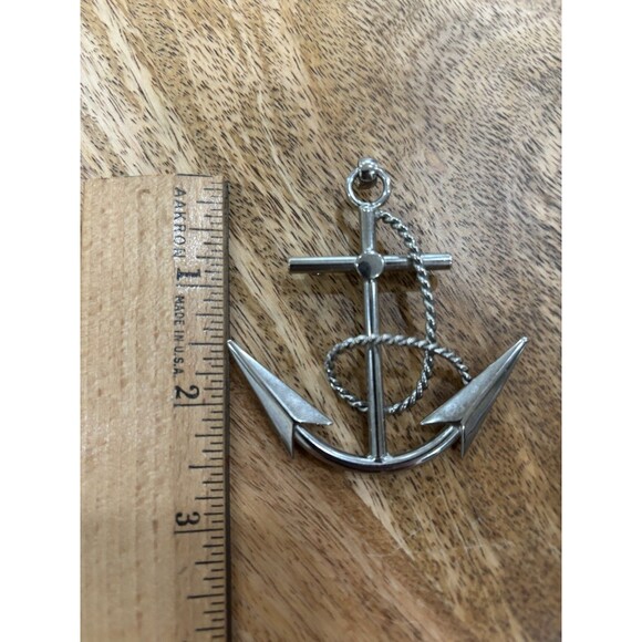 Ship's Anchor & Rope Pin Brooch Pendant Silver Tone Nautical 2 3/4” X 2 1/2” - Picture 2 of 4